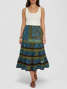 Kerry Brooke Patchwork Midi Skirt Boho Festival Blue Green M
